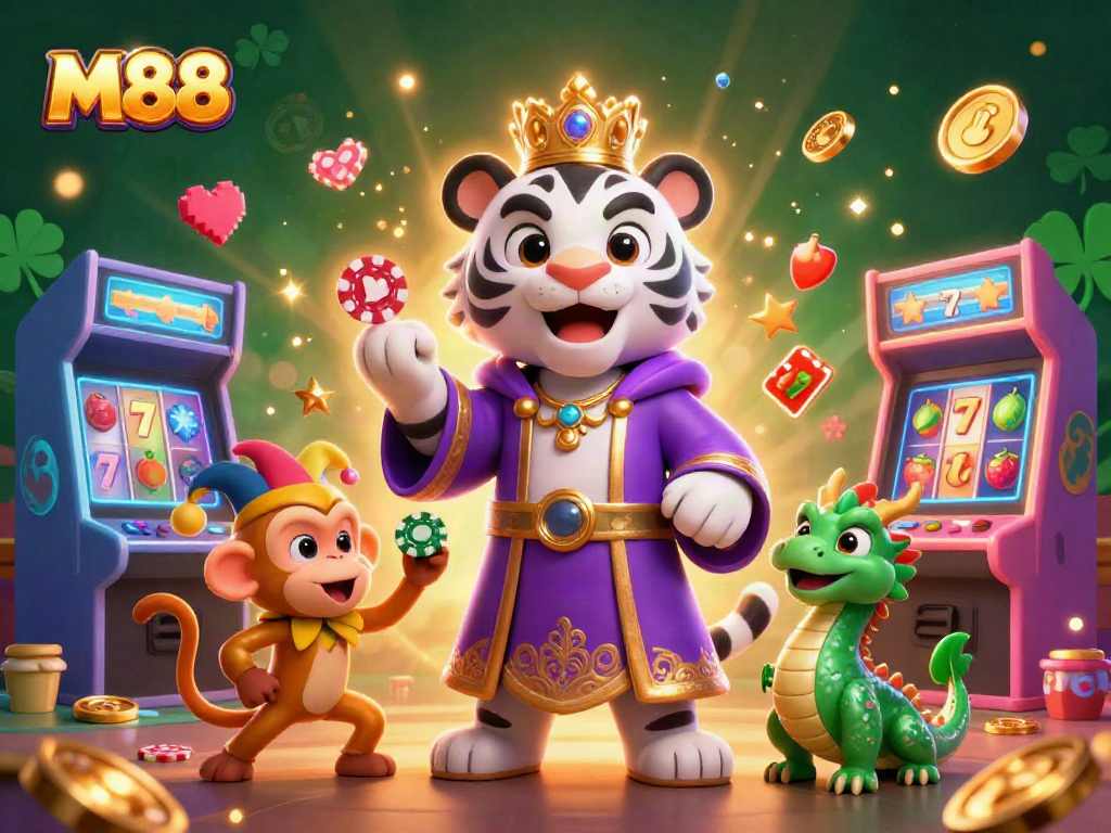 M88 casino illustration featuring a white tiger, golden monkey, and jade dragon amid vibrant gaming elements.
