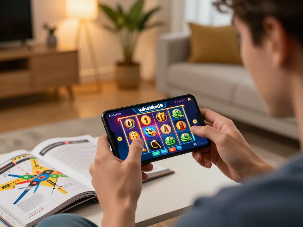 Engaged player using winstrike69 app for online casino gaming in a stylish living room.