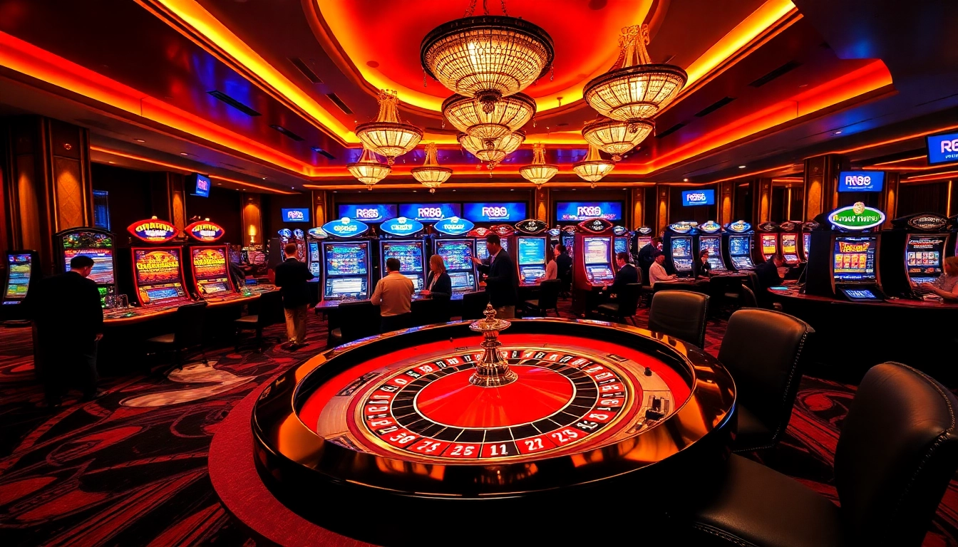 Experience the excitement of RR88 with a luxurious casino scene featuring vibrant slot machines and poker tables.