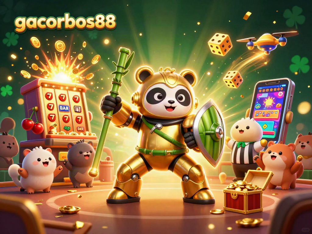 Experience thrilling jackpots with gacorbos88 as a golden panda leads a dynamic casino battle.