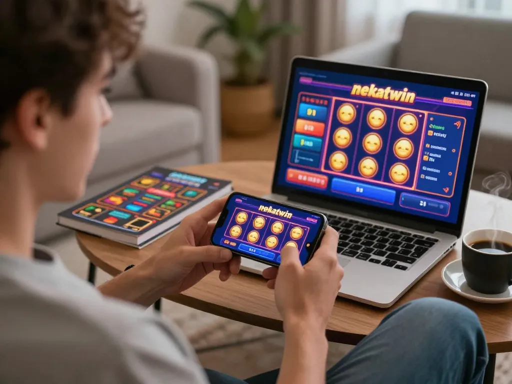 Engaging in slot nekatwin gameplay on a smartphone in a cozy home setting.