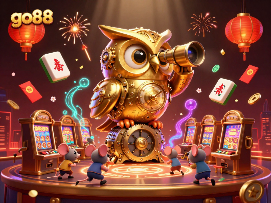 Engage with go88, featuring a golden clockwork owl in a vibrant casino scene.