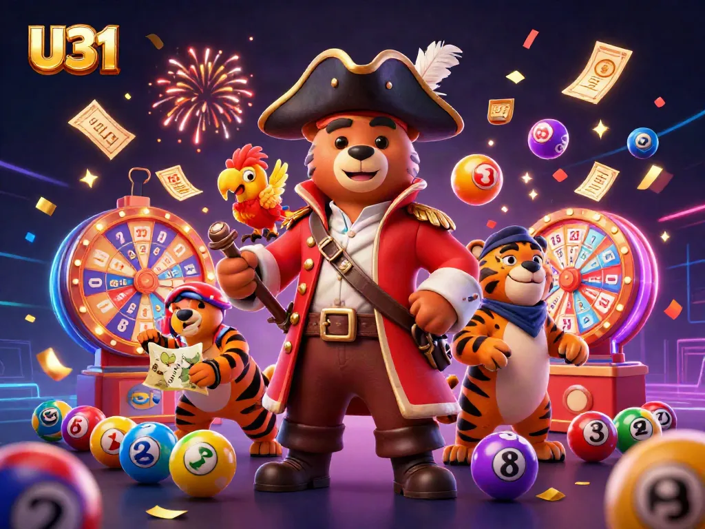 Spin and win at U31 Casino, featuring a pirate captain and colorful lottery elements.