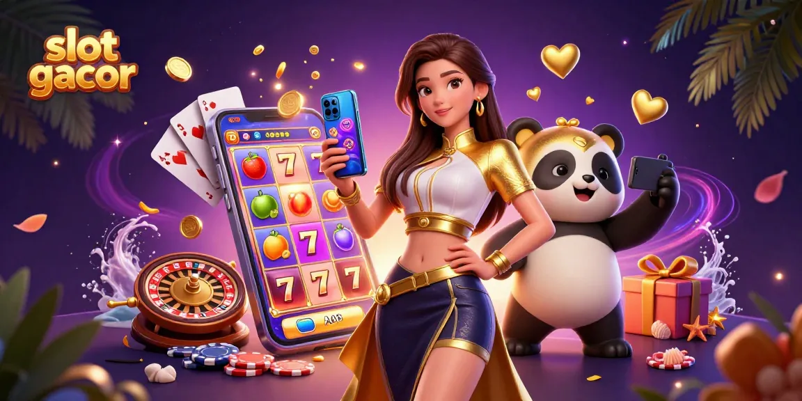Experience top slot gacor action with a woman holding a smartphone showcasing a vibrant casino game