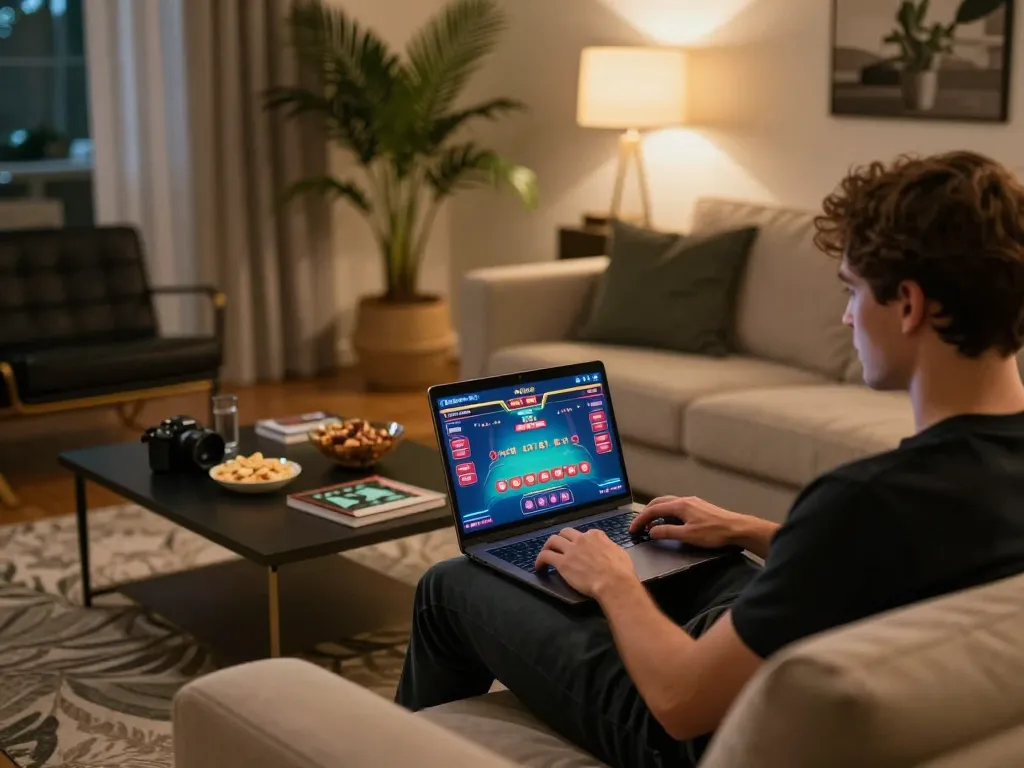 Player exploring b52 online casino on a laptop in a cozy living room setting