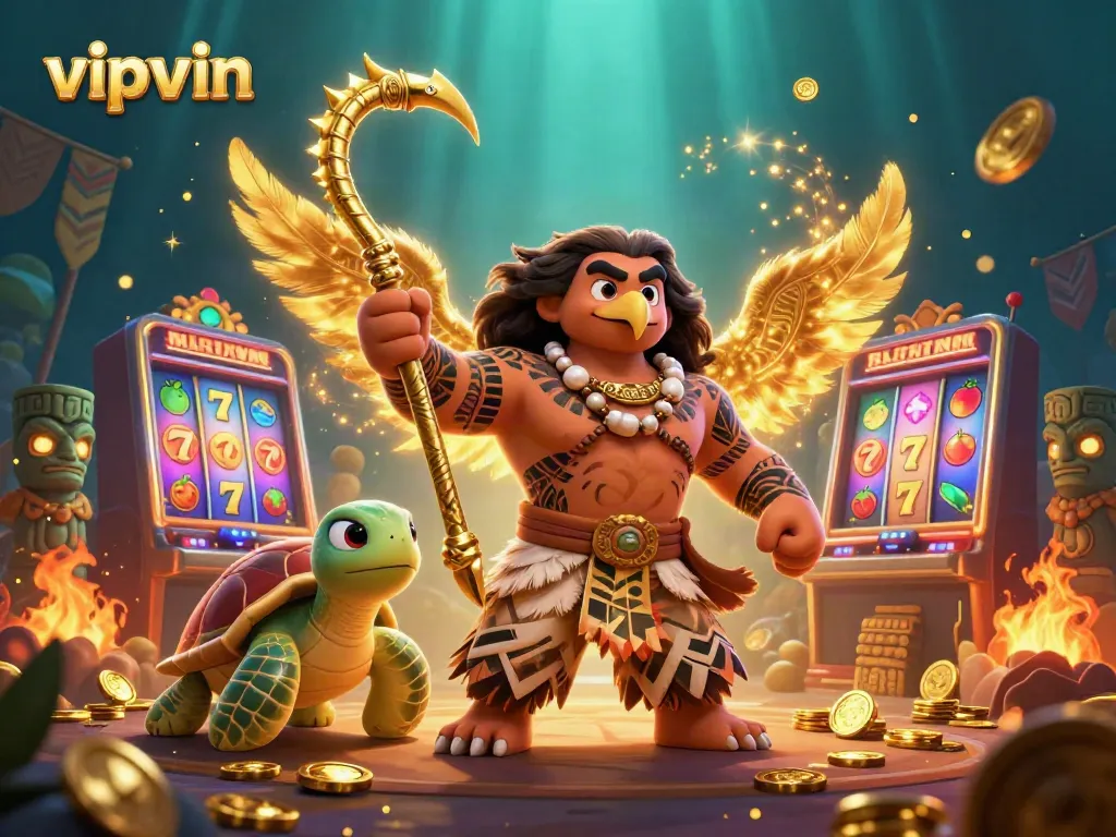 Experience thrilling jackpots with vipvin's vibrant casino scene featuring a Maui-style demigod and dazzling slot machines.