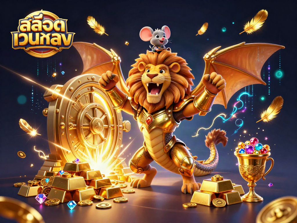 Engage with สล็อตเว็บตรง at an exciting casino scene showcasing a roaring chimera and treasures galore.