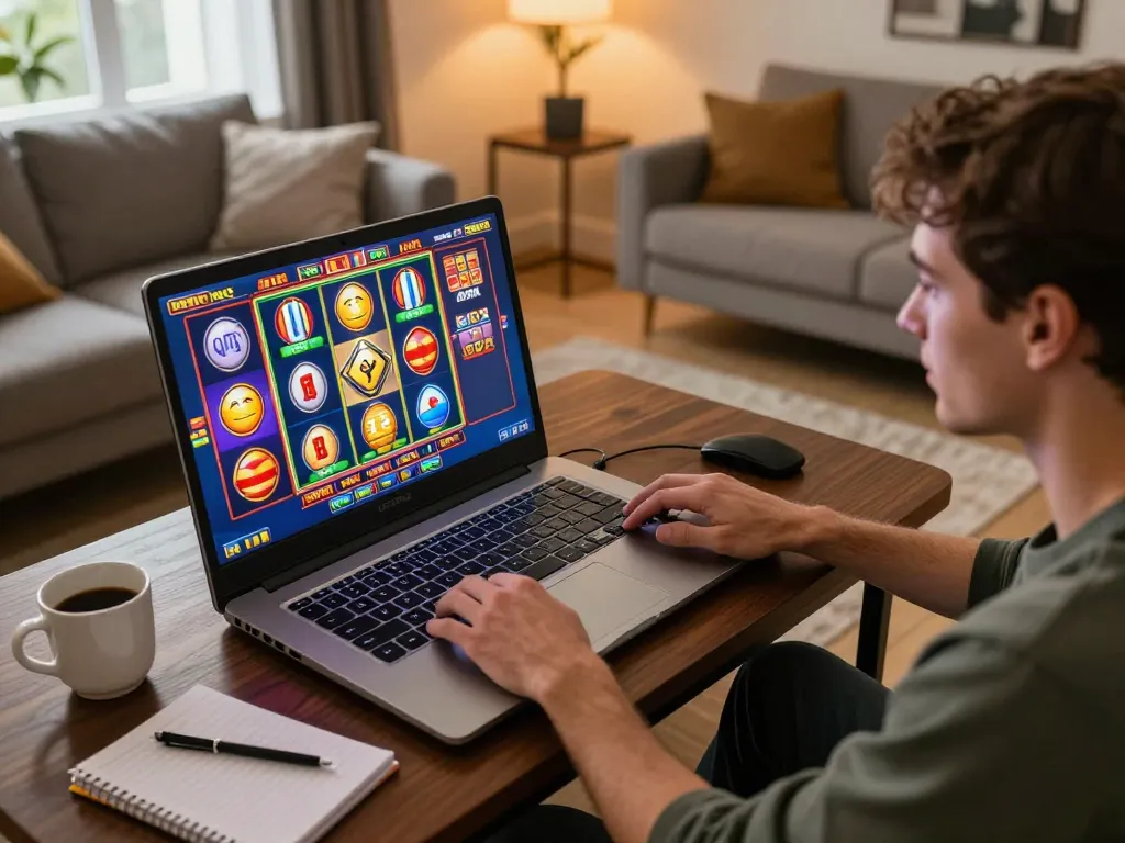 Player enjoying LGOSUPER slots on a laptop in a cozy home setting, showcasing engaging gameplay.