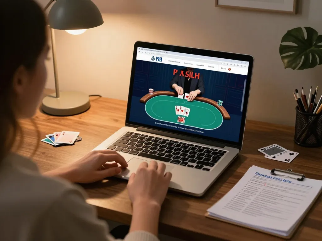 Player engaging in non gamstop online poker game with strategy notes and laptop setup