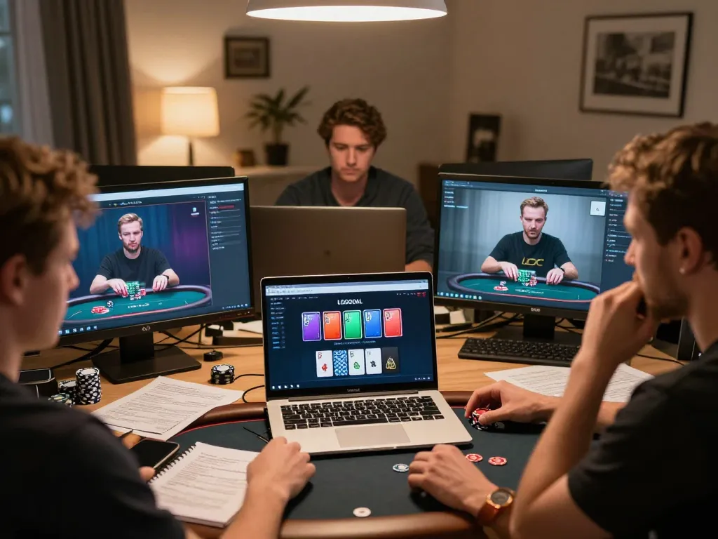 LGOGOAL poker tournament participant studying strategies while playing online.