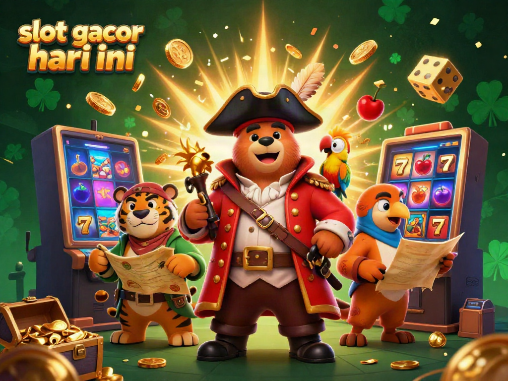 Slot gacor hari ini tinggi di kasino dengan simbol keberuntungan bertaburan di sekeliling pahlawan kartun.