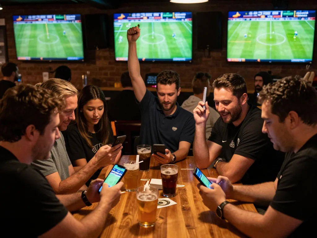 Tỷ Lệ Bóng Đá actively engaged in sports betting at a vibrant bar, showcasing live matches.
