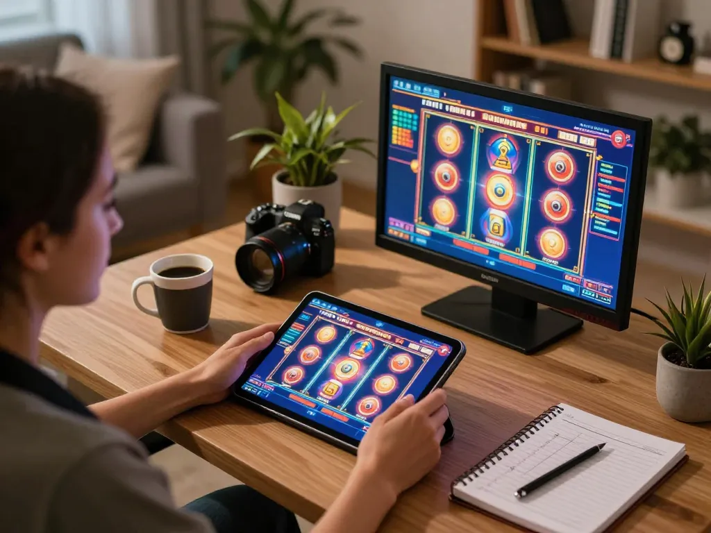 Engaging online gaming session with sun win slot game on tablet in cozy home setting