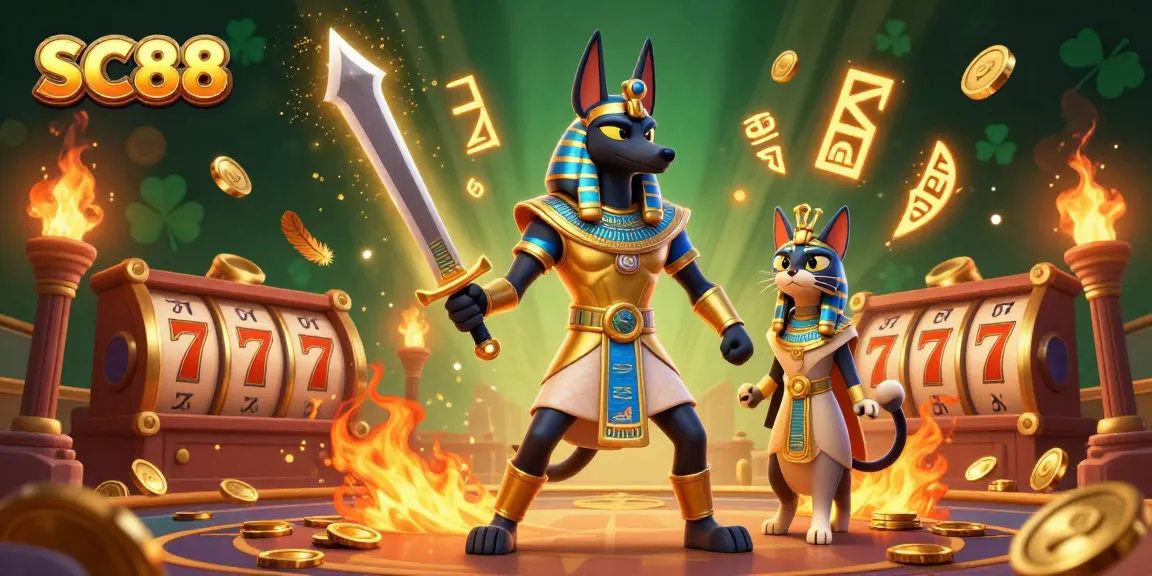 Bet big with SC88 in this vibrant 3D casino scene featuring Anubis and Bastet amidst slot reels.