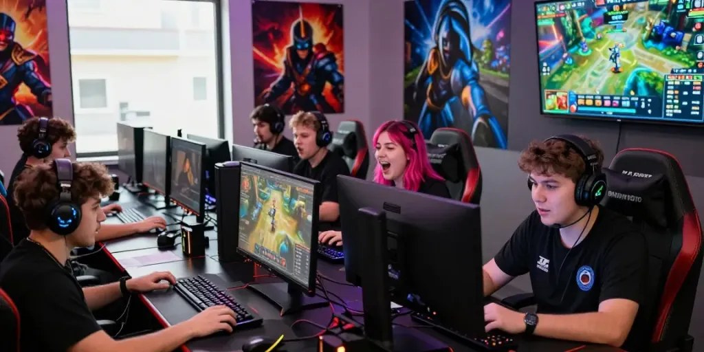 Engaged gamers celebrating their strategy victory in an AMANAHTOTO online session with vibrant setups and merchandise.