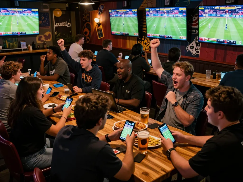 uu88 patrons placing bets in a lively sports bar filled with excitement