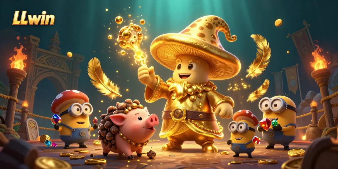 Elevate your gaming with LLwin's golden wizard casting spells in a vibrant casino scene.