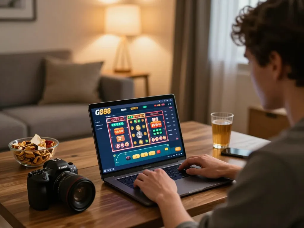 Player enjoying online gaming on GO88 app in a cozy living room, showcasing an inviting atmosphere