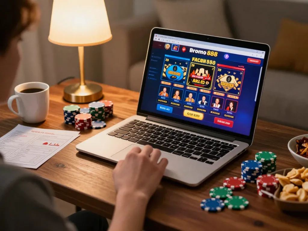 bromo888 user enjoying online gambling with vibrant game interface and poker chips