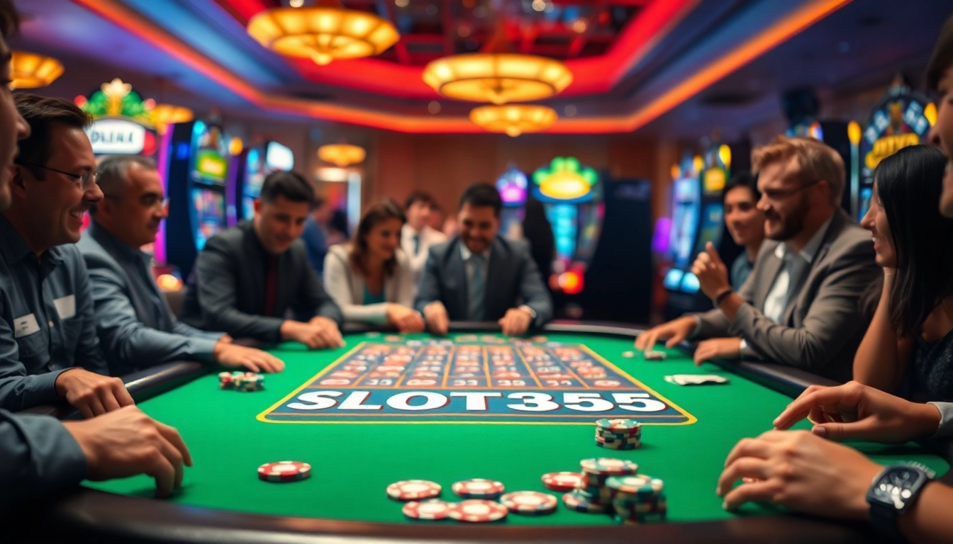 Permainan SLOT365 di meja kasino yang ramai dan penuh semangat.