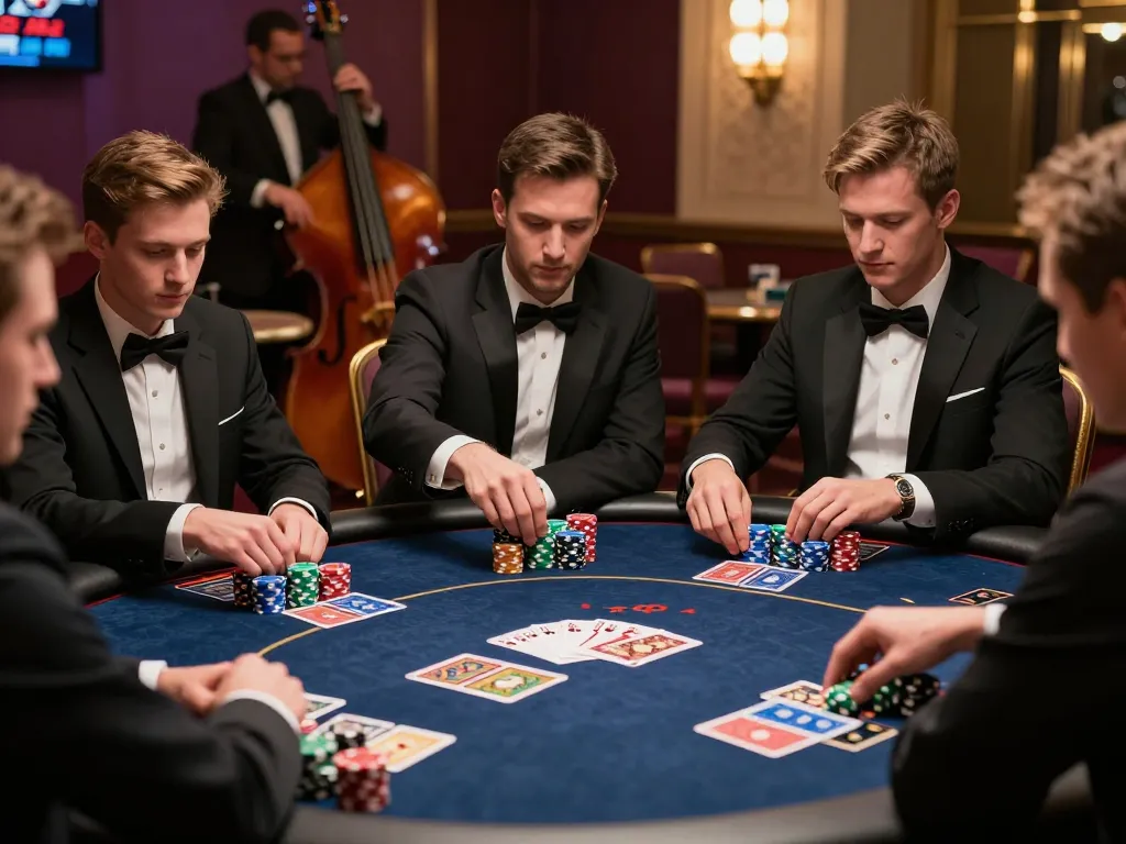 Players strategizing over kp88 poker chips during a high-stakes game in a luxurious casino setting.