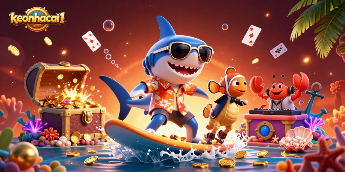 Join keonhacai1 as a shark surfs gold coins in an exciting underwater casino scene.