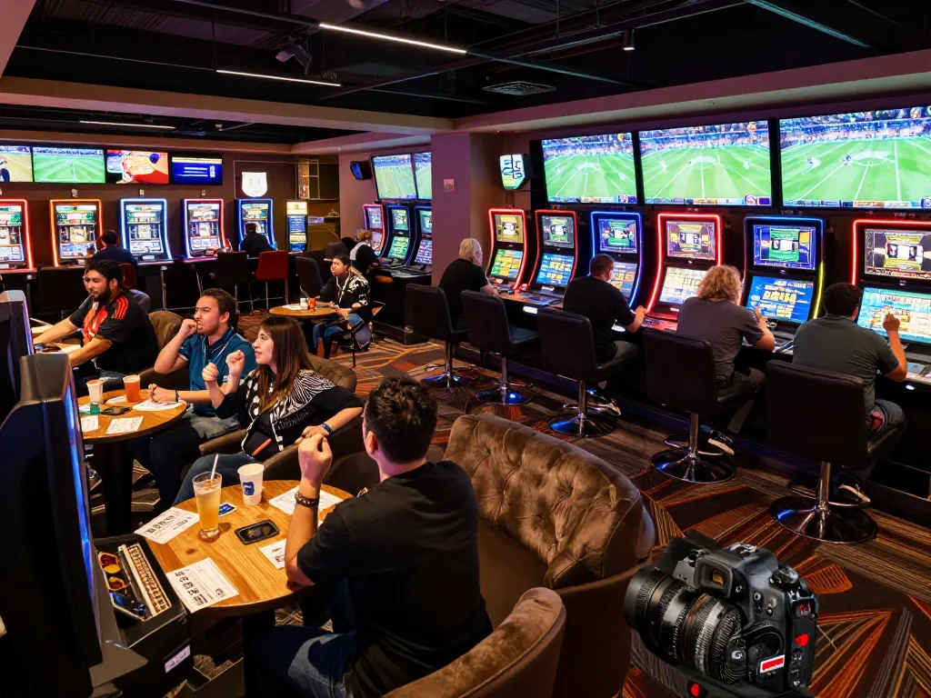 Bettors placing wagers in the DH88 sports lounge during live sporting events, creating an exciting atmosphere.
