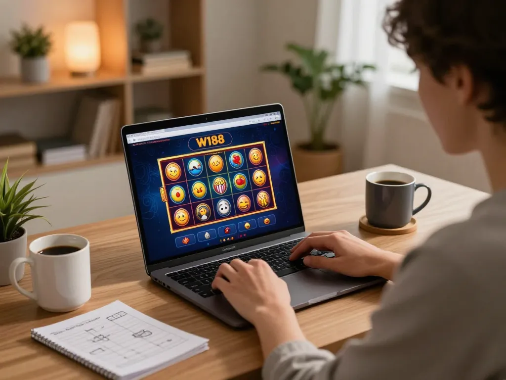 W188 user engaging in online slots with a laptop and strategy notes for responsible gambling.
