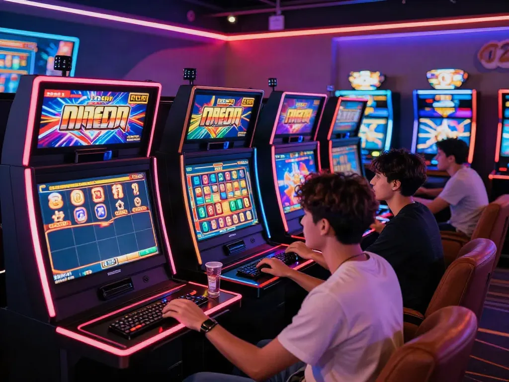 Exciting players enjoying SLOT GACOR games in a vibrant gaming lounge atmosphere.