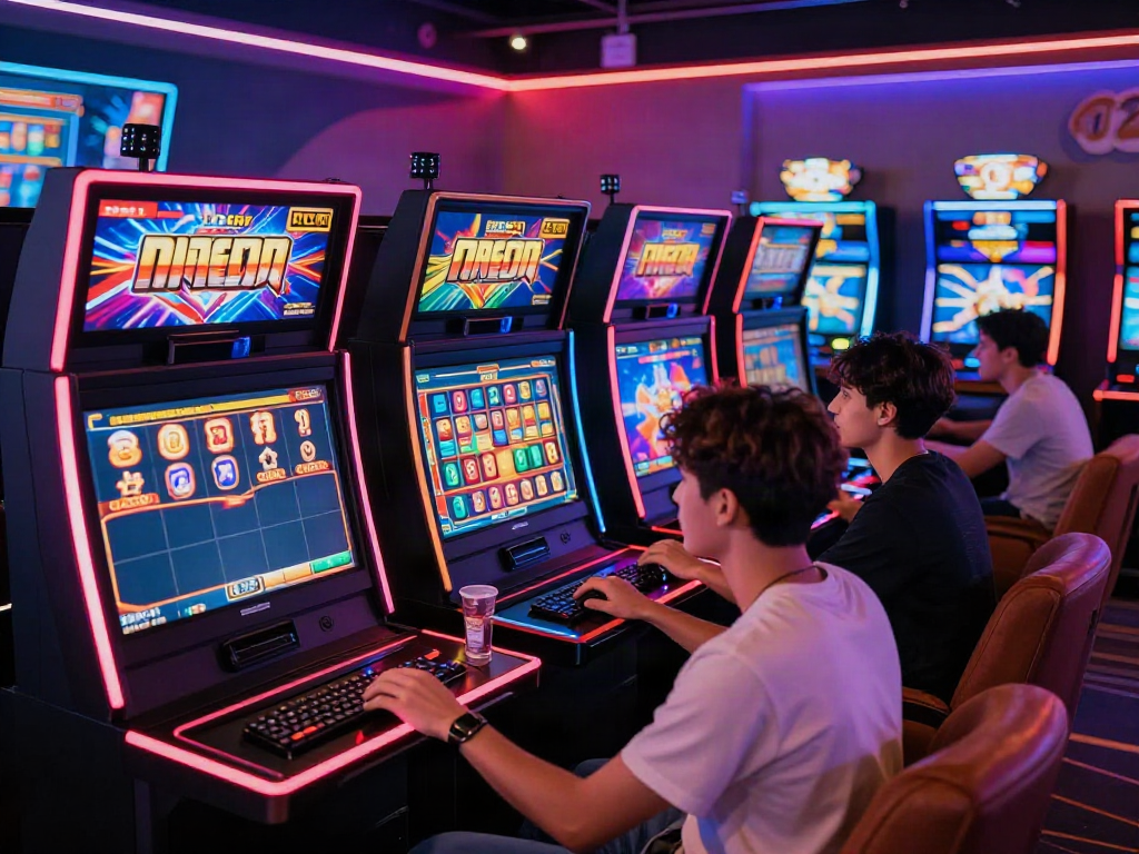 Exciting players enjoying SLOT GACOR games in a vibrant gaming lounge atmosphere.