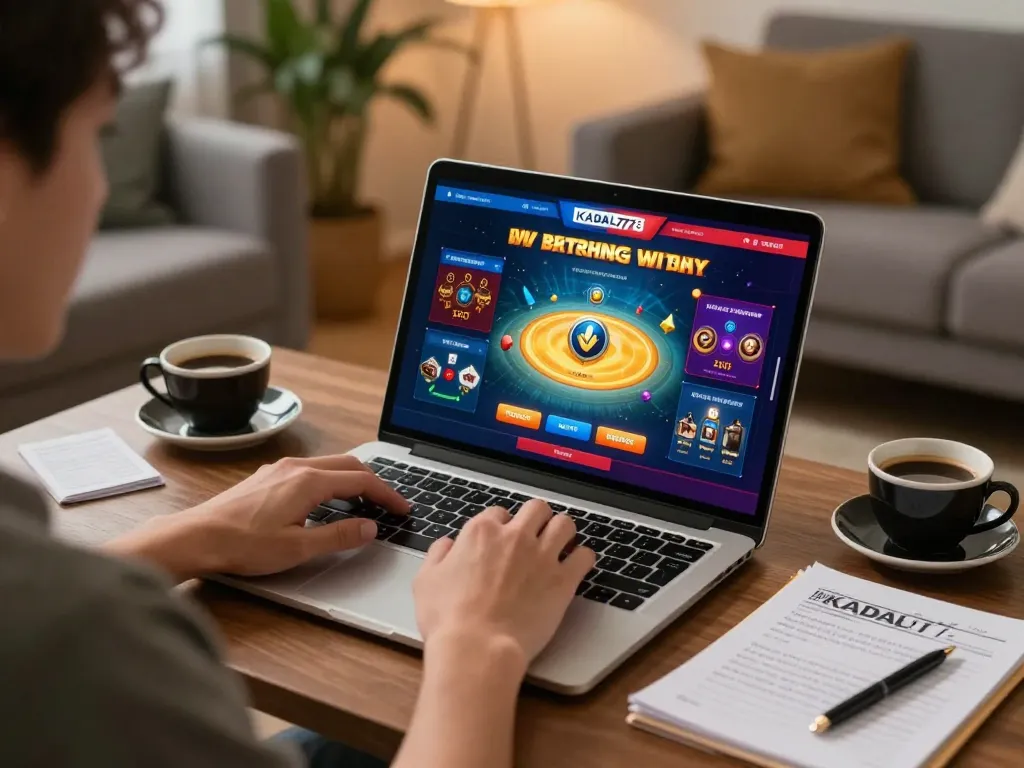 KADAL778 user immersed in online gaming with strategy notes and coffee in a cozy home setting.