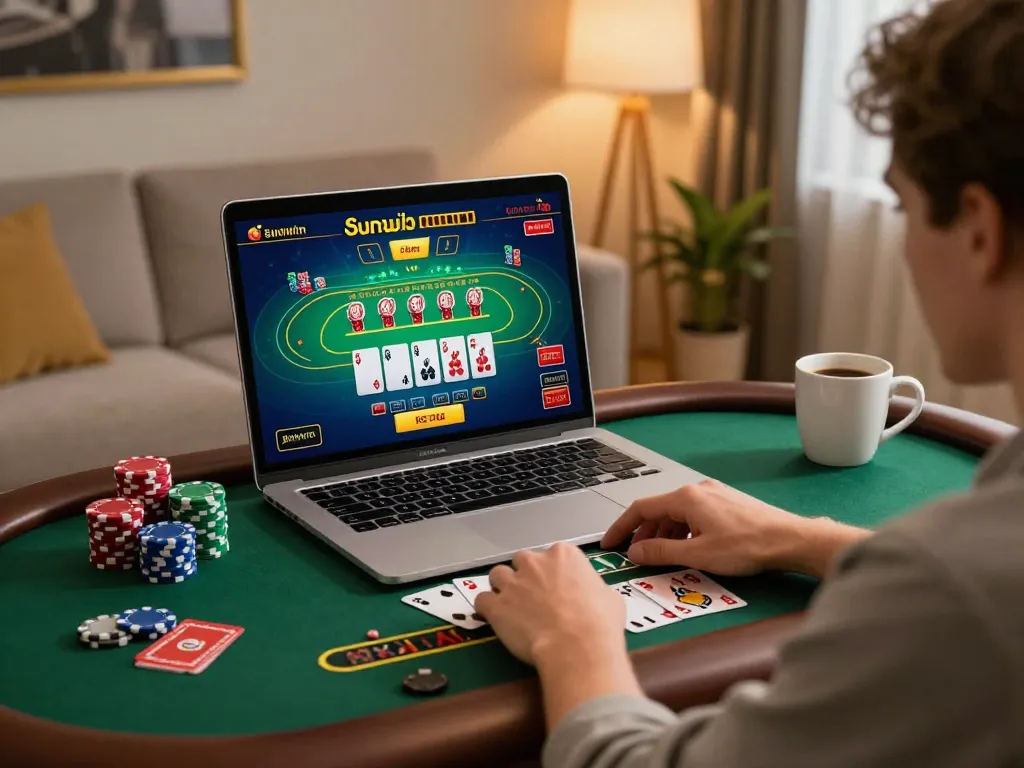 Player engaging in strategic gameplay on Sunwin's online blackjack platform at home, emphasizing excitement and focus.