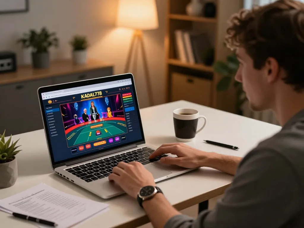 KADAL778 online gaming scene at home with laptop showing live dealer game interface and strategy notes