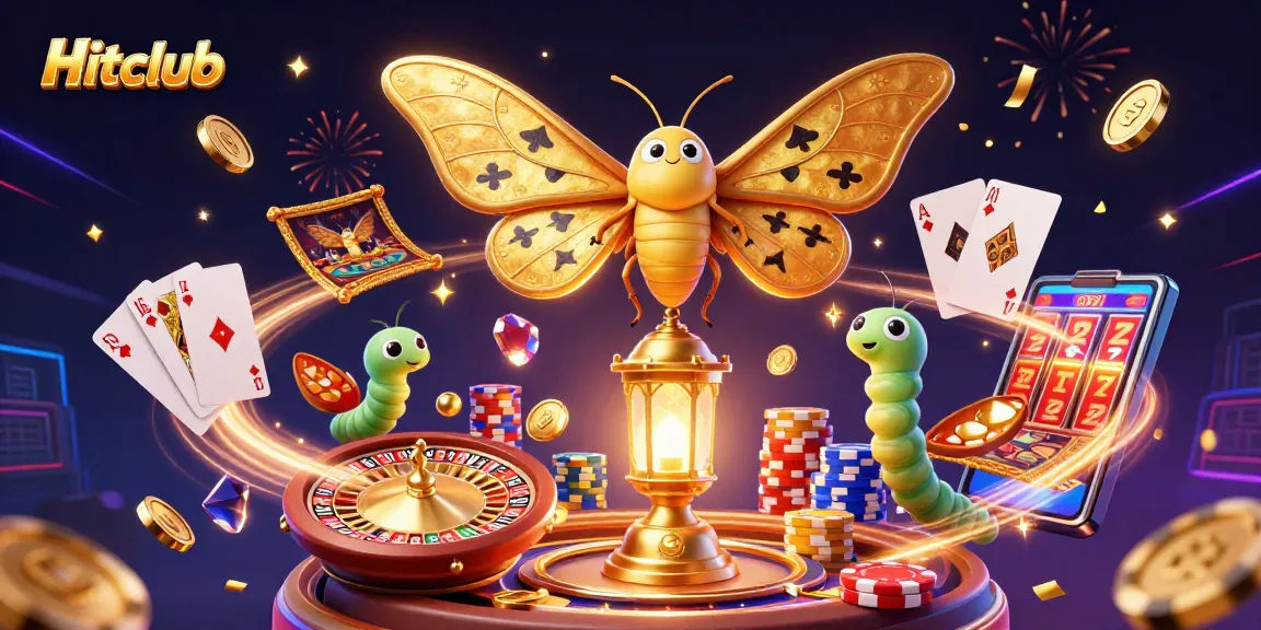 Hitclub players enjoy dynamic casino action with golden moths, vibrant slots, and games.