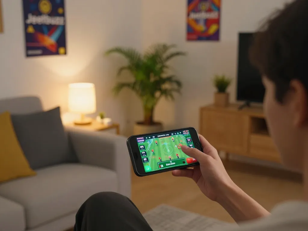 Using the Jeetbuzz App for sports betting in a cozy home setting with vibrant decor