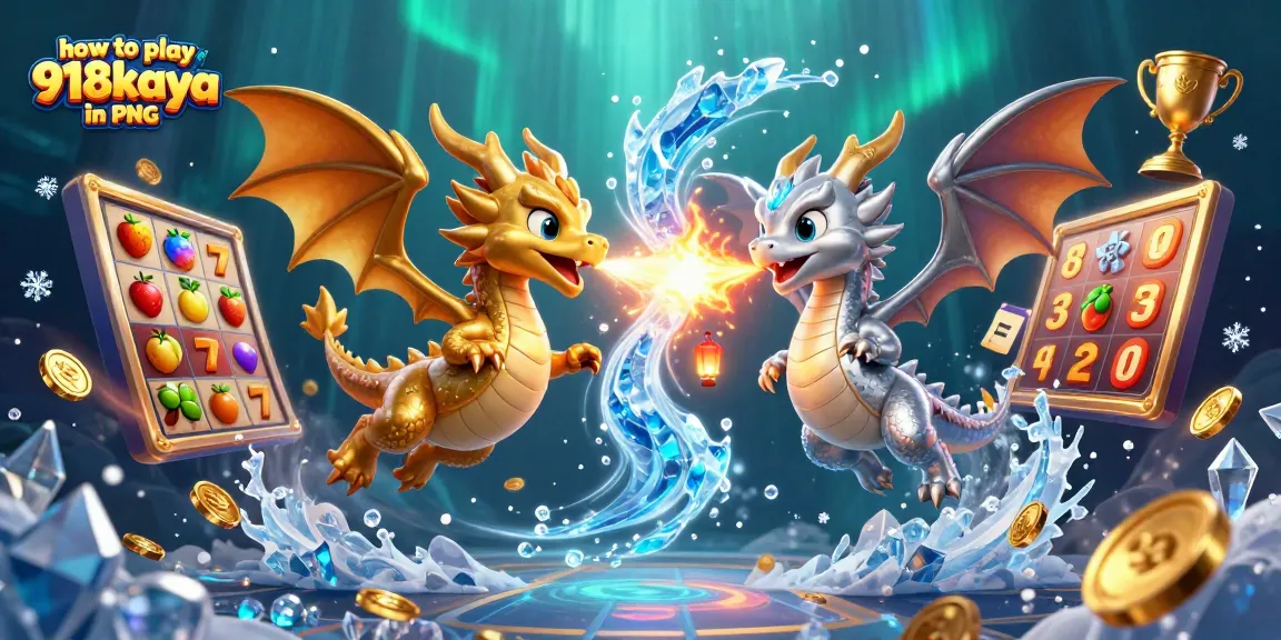 Learn how to play 918kaya in PNG with a vibrant 3D illustration of dragons and slot games.