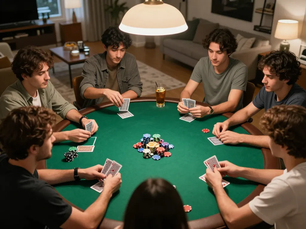 Players enjoying an exciting poker night at home centered around maxpoker88 game strategies with friends, vibrant atmosphere