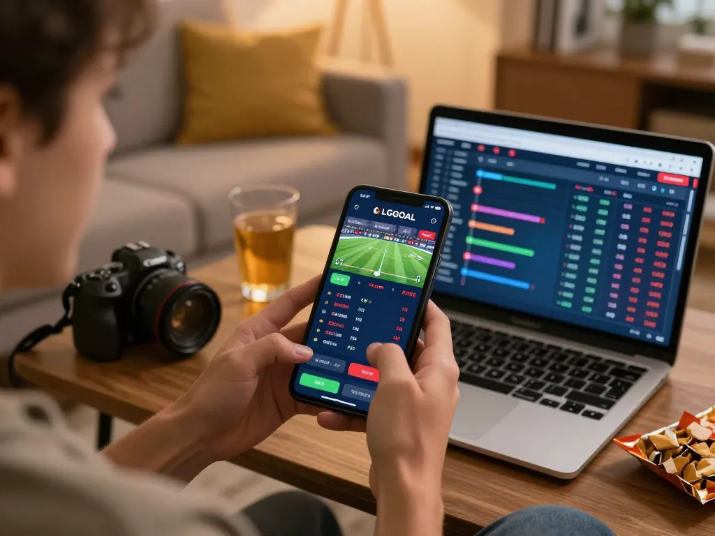 Engaging in high-stakes sports betting with LGOGOAL on a mobile app, capturing the excitement of live gameplay.