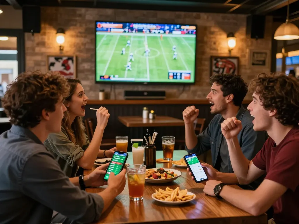 Friends engaged in sports betting while watching KQBD updates at a lively bar, capturing excitement.