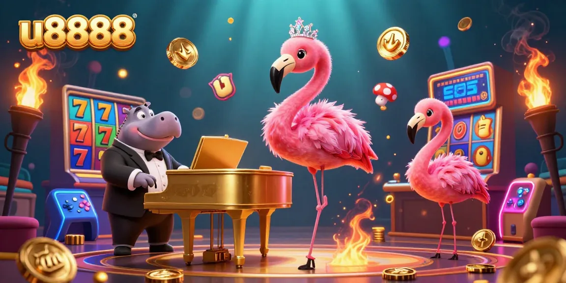 Experience thrilling wins with u8888 in a vibrant 3D casino scene featuring lively characters and slot machines.