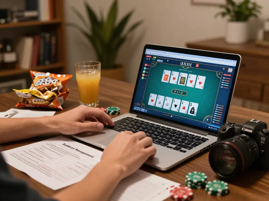 Engaging scene with player strategizing at XX88 poker game online, chips and cards visible on-screen, cozy atmosphere.