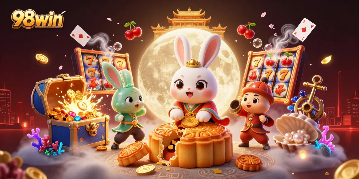 Experience the excitement of 98win with a dynamic 3D illustration of moon rabbit characters surrounded by vibrant slots and casino elements.