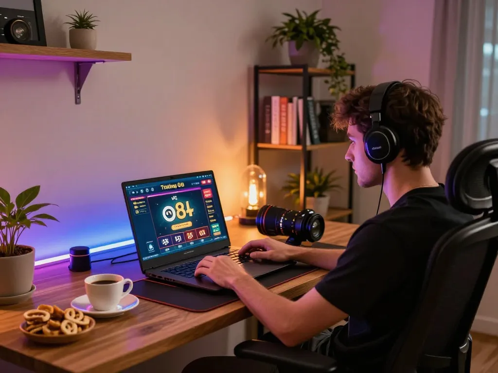 Engaging home gaming setup showcasing o8 trading interface on laptop for online gambling.