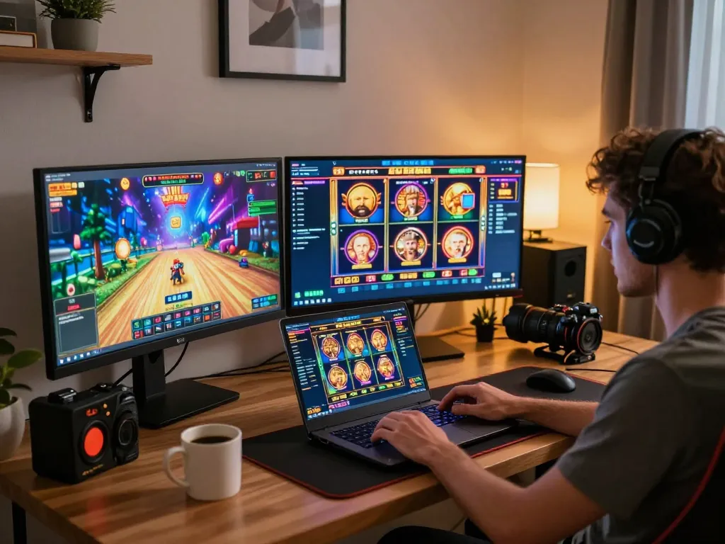 Player enjoying online slot depo 5k game on a laptop in a cozy home office.