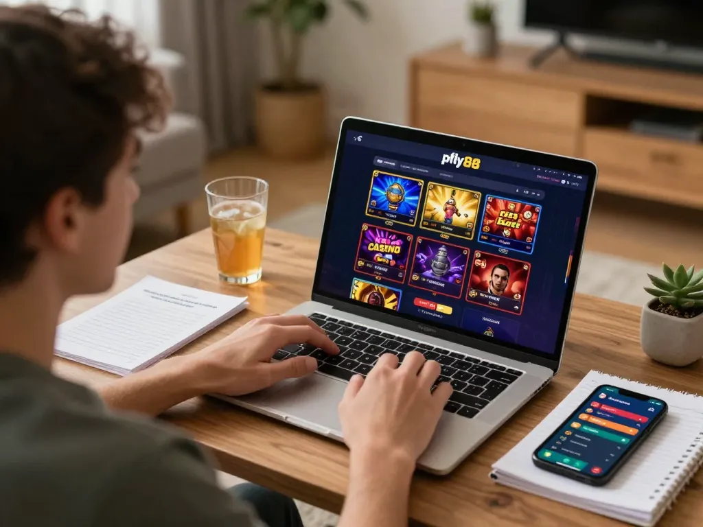 Engaging in casino games on pfly88 with a laptop in a cozy home setup, representing online gambling