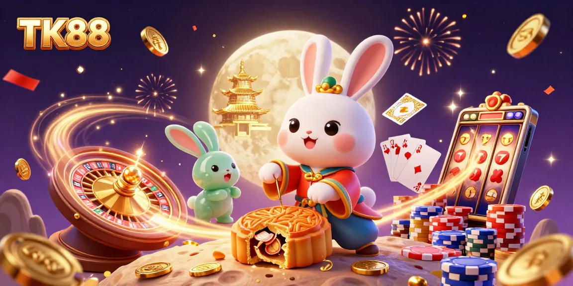 Win big with TK88 in a vibrant 3D illustration showcasing casino excitement and playful characters.