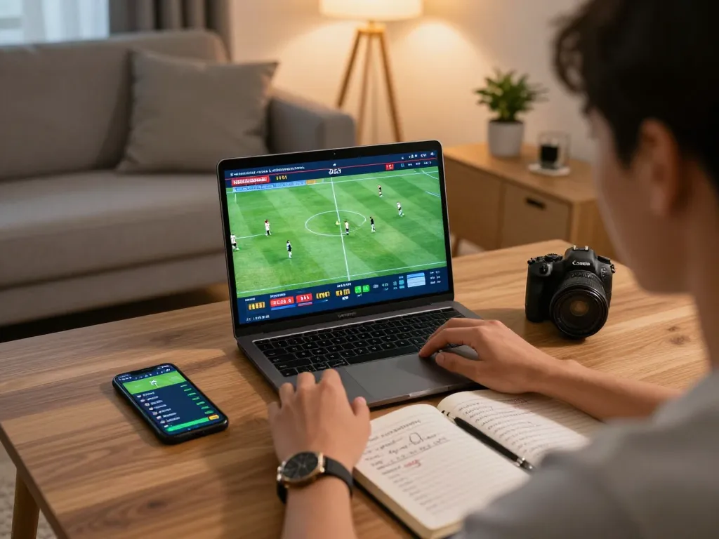 KÈO TRỰC TUYẾN betting setup with person analyzing real-time odds in cozy living room.