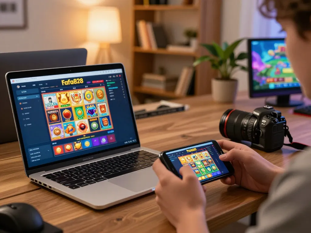 การมีส่วนร่วมกับเกมเดโมของ FAFA828 บนสมาร์ทโฟนขณะวิเคราะห์กลยุทธ์จากแล็ปท็อป