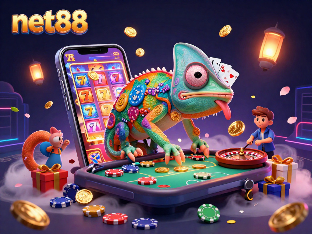 Play engaging games with the net88 chameleon casino owner surrounded by dynamic slot action.