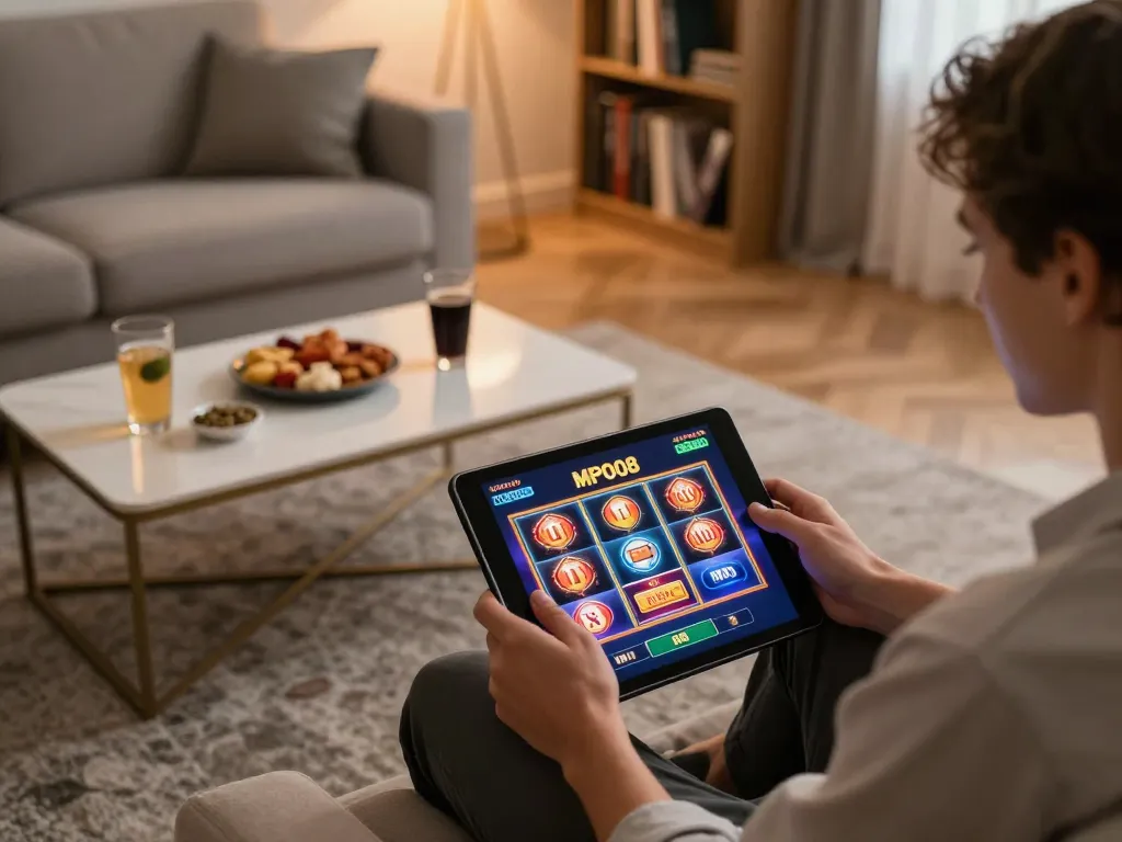 MPO08 player enjoying an online slot game experience on a cozy tablet setup, showcasing vibrant graphics and engaging gameplay.